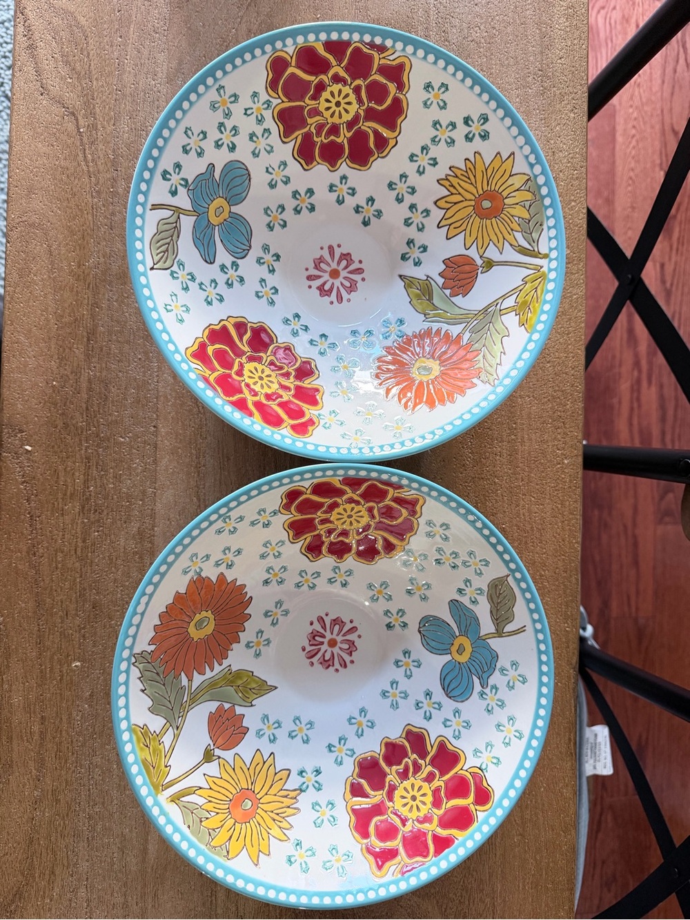 Set of 2 Dutch Wax Coastline Imports 10" Floral Hand Painted Ceramic Bowls!